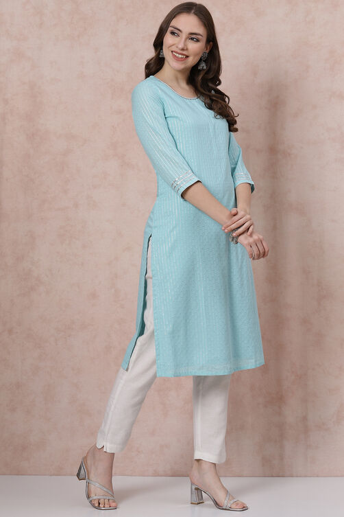 Sky Blue Cotton Straight Kurta image number 3